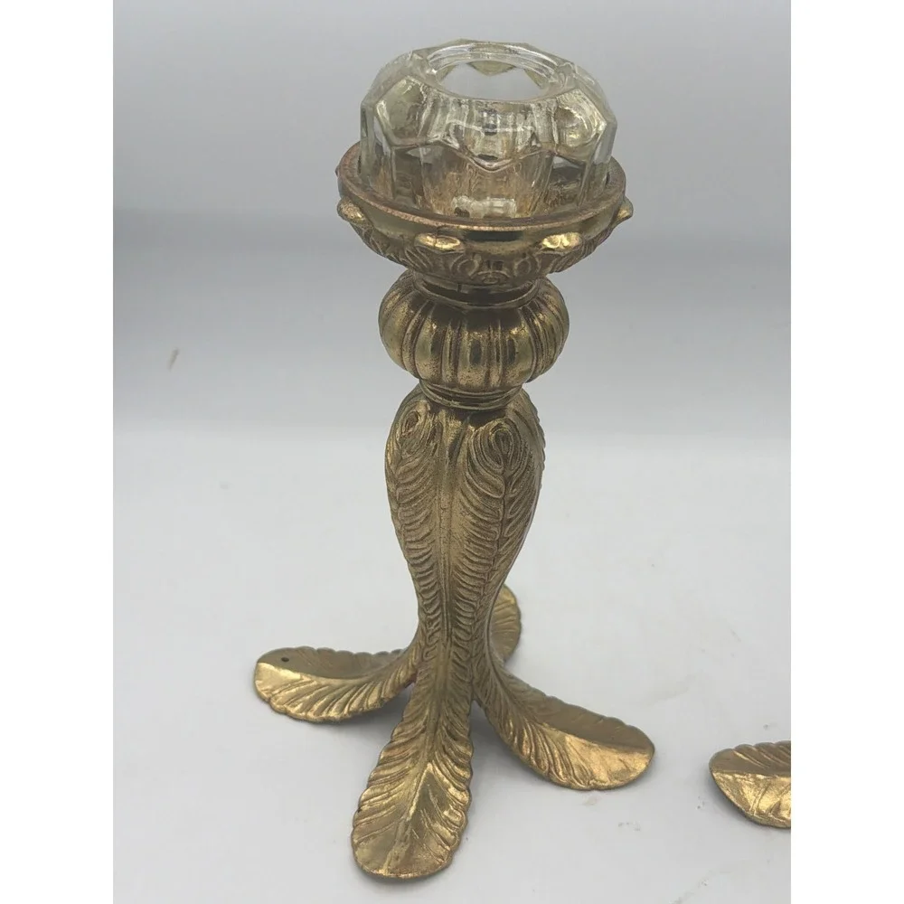 Carl Falkenstein Brass & Glass Candlestick Holders Mid Century Hollywood Regency
